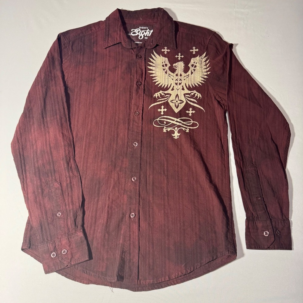 Eighty Eight Brand Mens Medium Burgundy Eagle Graphic Button Down Shirt Y2K MMA